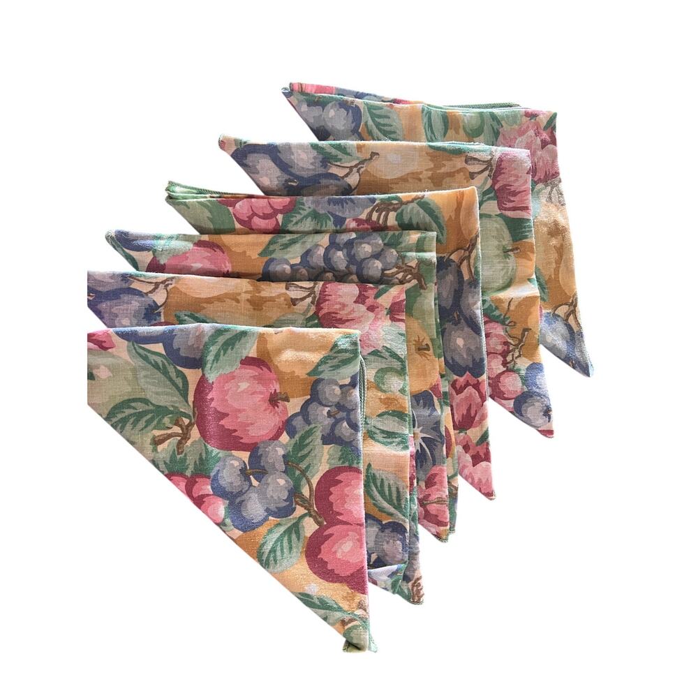 Vintage cloth napkins harvest fruit pattern set 6 table linens 16x16 square